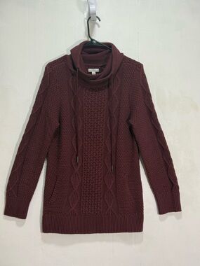 L.L. Bean Signature Cable Knit Cowl Neck Tunic Sweater - Wine Sz M